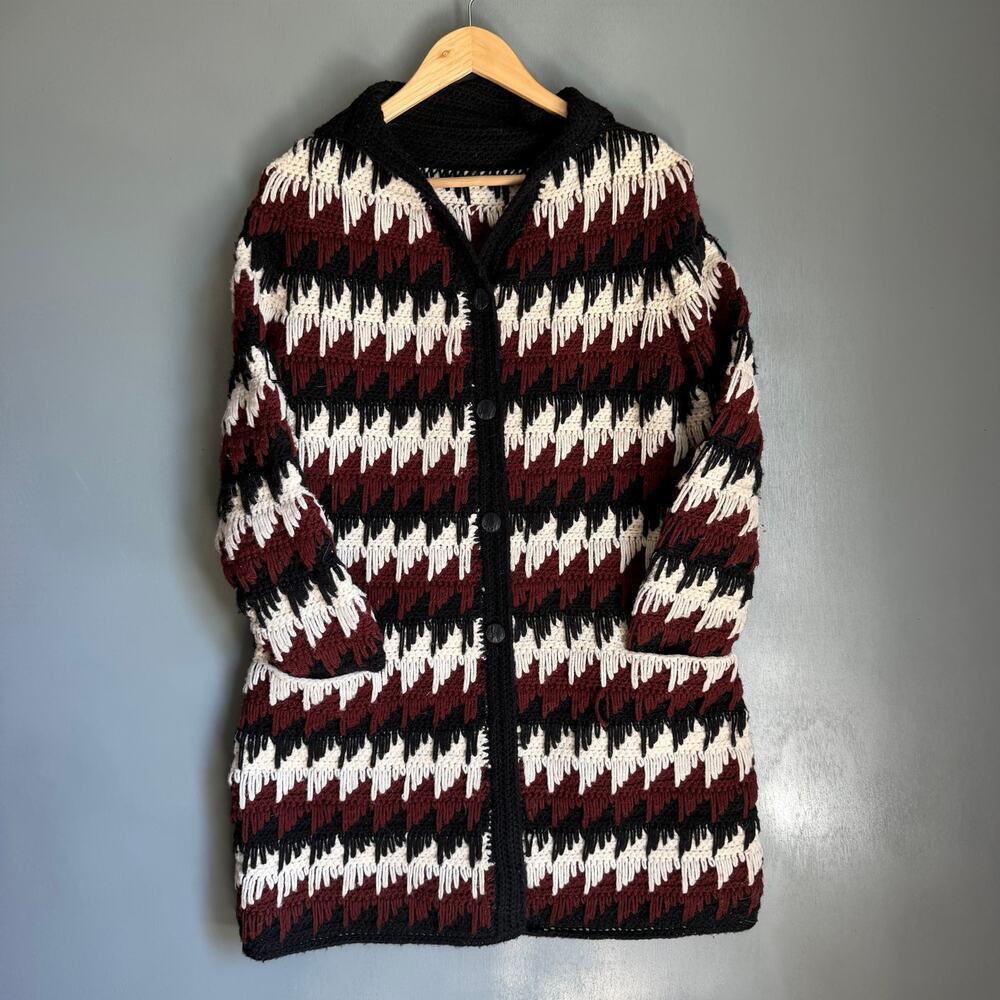 Vintage Women's Med Crochet Knit Long Button Up Cardigan Retro Sweater Handmade